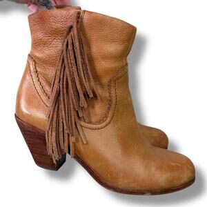 Sam Edelman Louie Camel Brown Tassels Leather Booties Western Ankle Boot Size 8